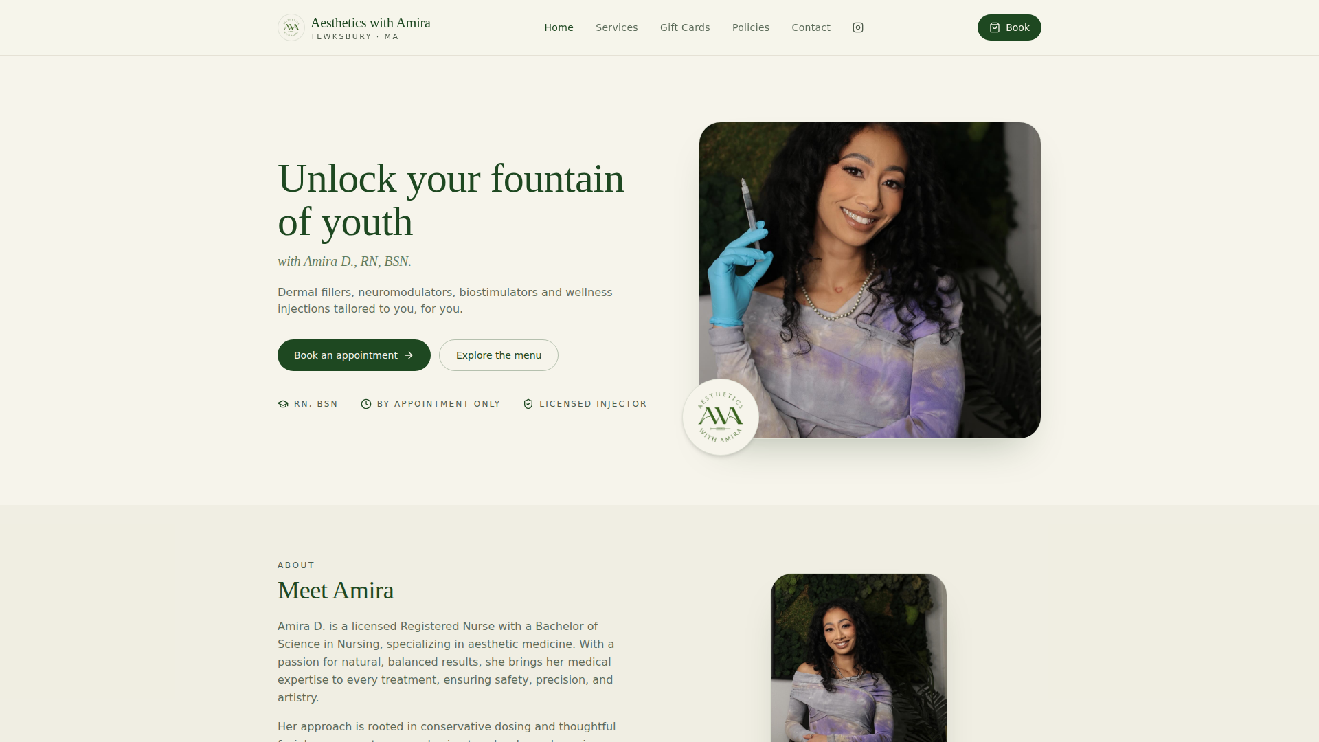 Aesthetics with Amira, a booking site for a licensed aesthetic injector